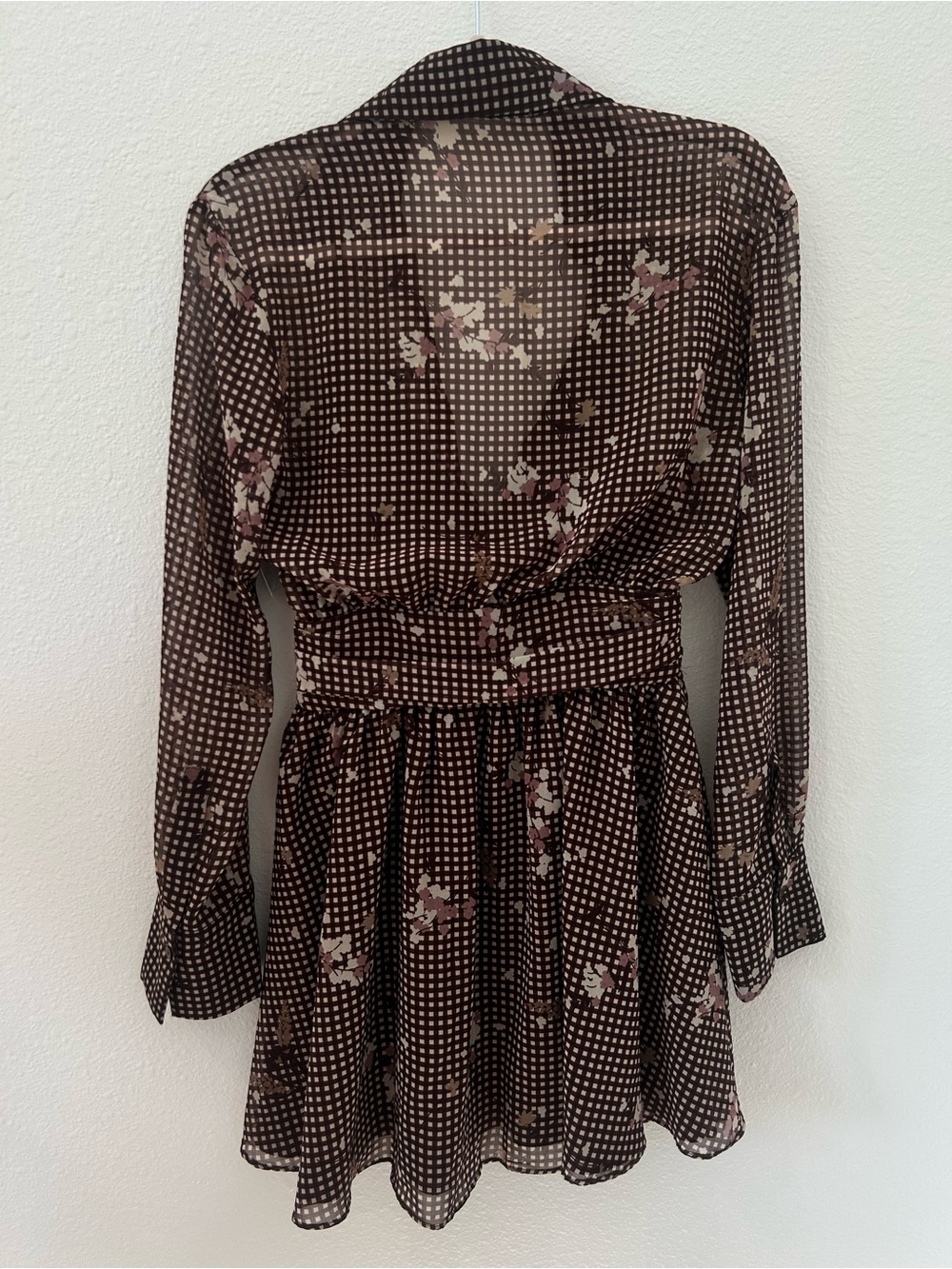 Zara Brown Gingham & Floral Long Sleeve Deep V-Neck Mini Dress - Picture 8 of 11